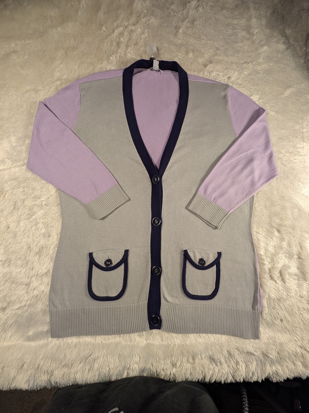 New York & Company Lightweight Gray Cardigan with Lilac Sleeves and Navy Trim